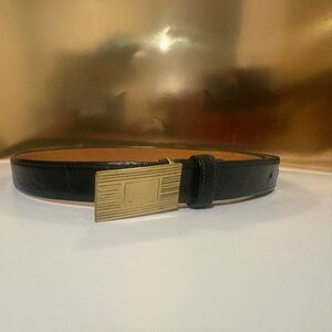 See. 32” brass buckle. Dark green Leather Belt with Gold Buckle